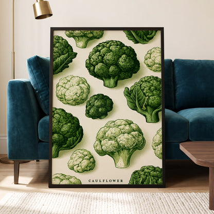 Cauliflower Study, green, beige, white nature wall art displayed in a styled interior, gallery view 6