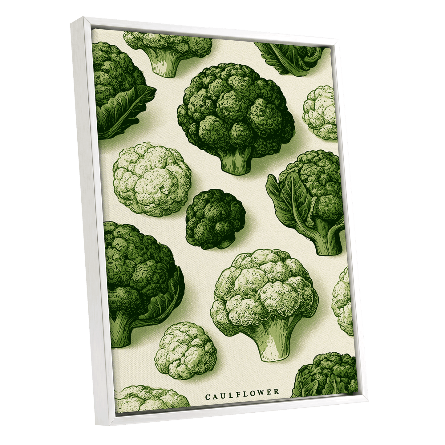 Cauliflower Study, green, beige, white nature wall art shown as a white framed canvas wall art