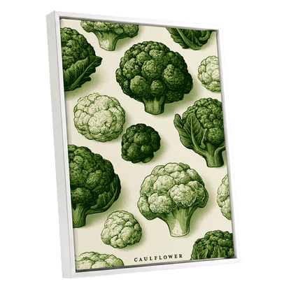 Cauliflower Study, green, beige, white nature wall art shown as a white framed canvas wall art