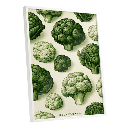 Cauliflower Study, green, beige, white nature wall art shown as a white framed poster wall art print