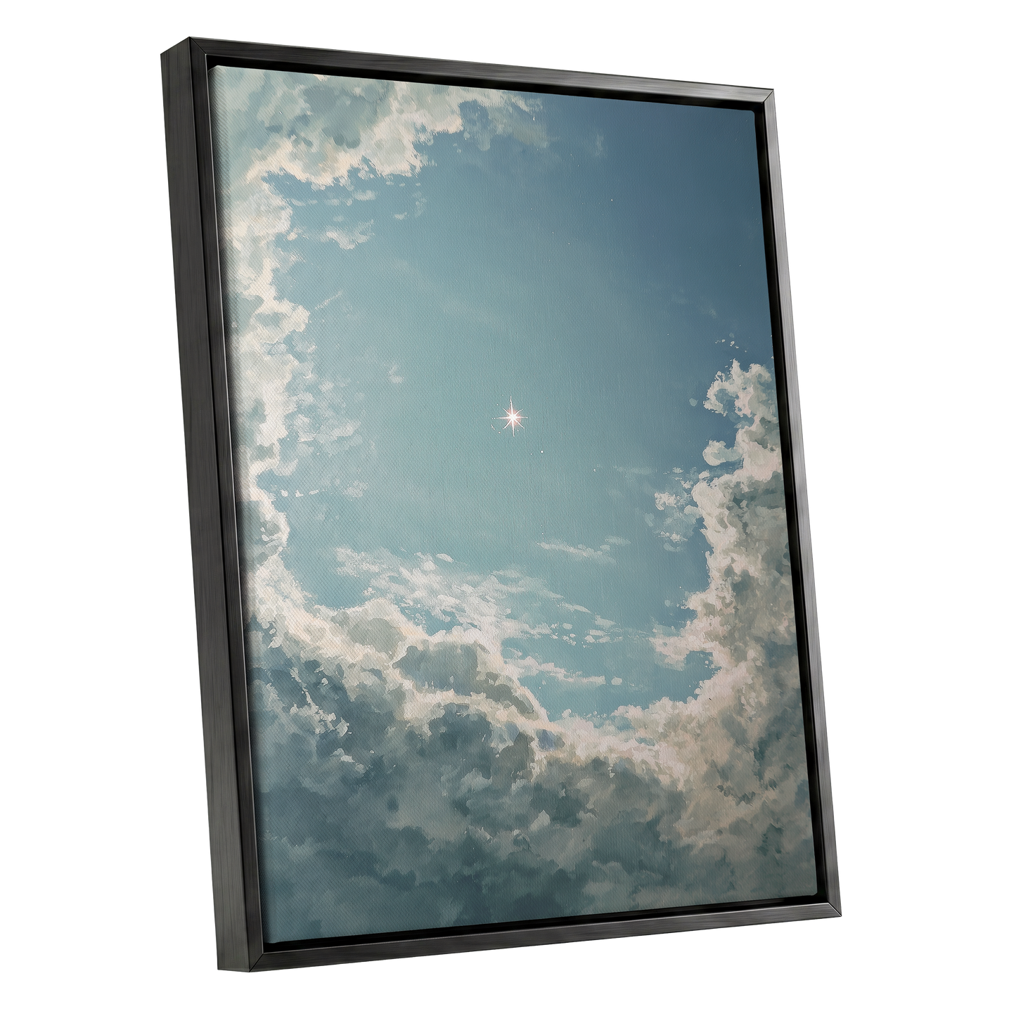 Celestial Clearing, blue, white, gray nature wall art shown as a black framed canvas wall art