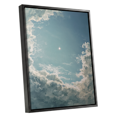 Celestial Clearing, blue, white, gray nature wall art shown as a black framed canvas wall art