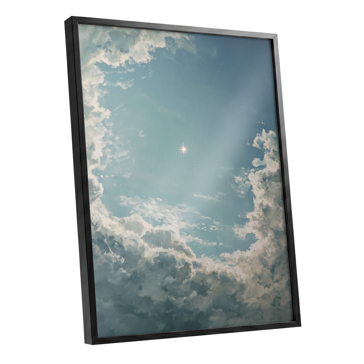Celestial Clearing, blue, white, gray nature wall art shown as a black framed poster wall art print