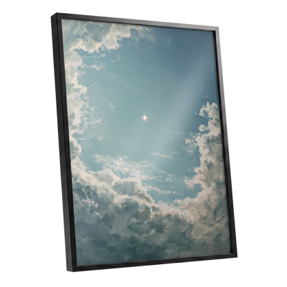 Celestial Clearing, blue, white, gray nature wall art shown as a black framed poster wall art print