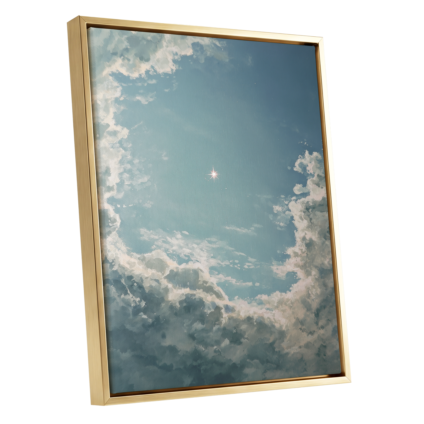 Celestial Clearing, blue, white, gray nature wall art shown as a gold framed canvas wall art