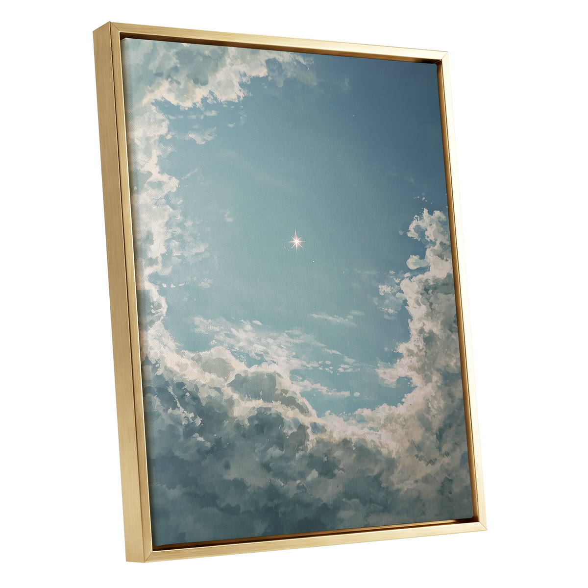 Celestial Clearing, blue, white, gray nature wall art shown as a gold framed canvas wall art