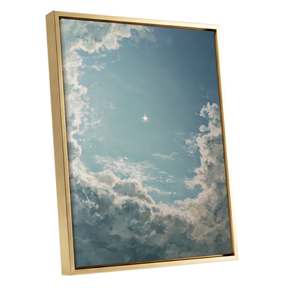 Celestial Clearing, blue, white, gray nature wall art shown as a gold framed canvas wall art