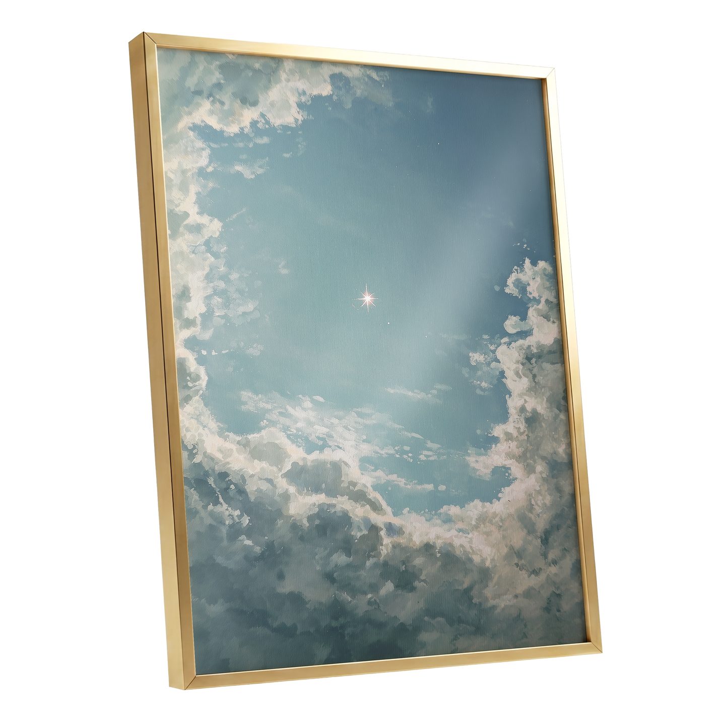 Celestial Clearing, blue, white, gray nature wall art shown as a gold framed poster wall art print