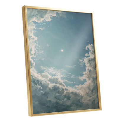Celestial Clearing, blue, white, gray nature wall art shown as a gold framed poster wall art print