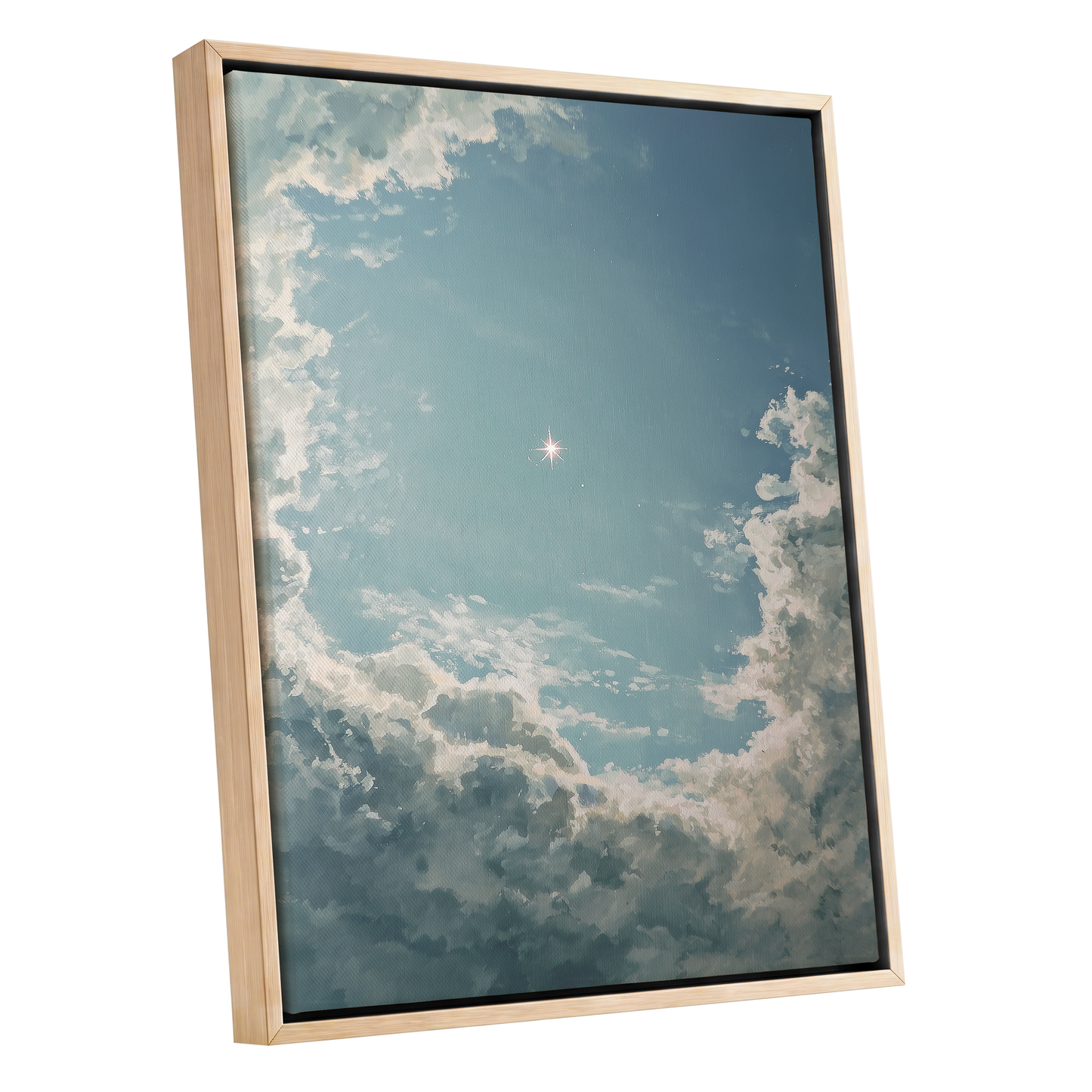 Celestial Clearing, blue, white, gray nature wall art shown as a oak framed canvas wall art