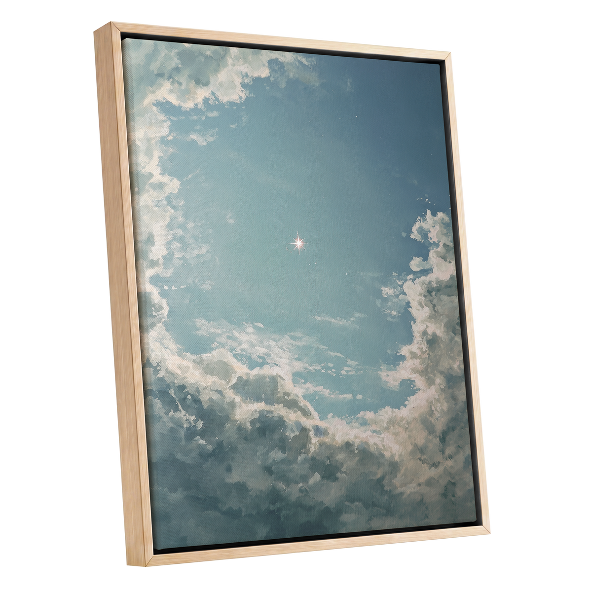 Celestial Clearing, blue, white, gray nature wall art shown as a oak framed canvas wall art