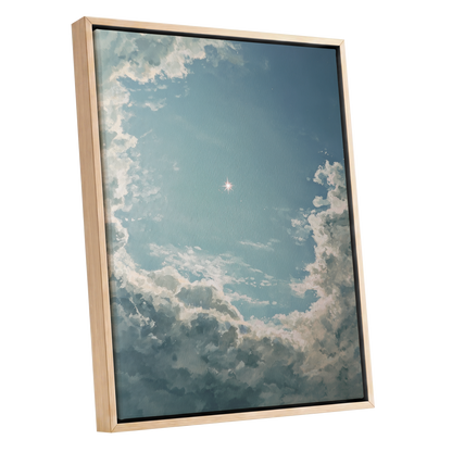 Celestial Clearing, blue, white, gray nature wall art shown as a oak framed canvas wall art