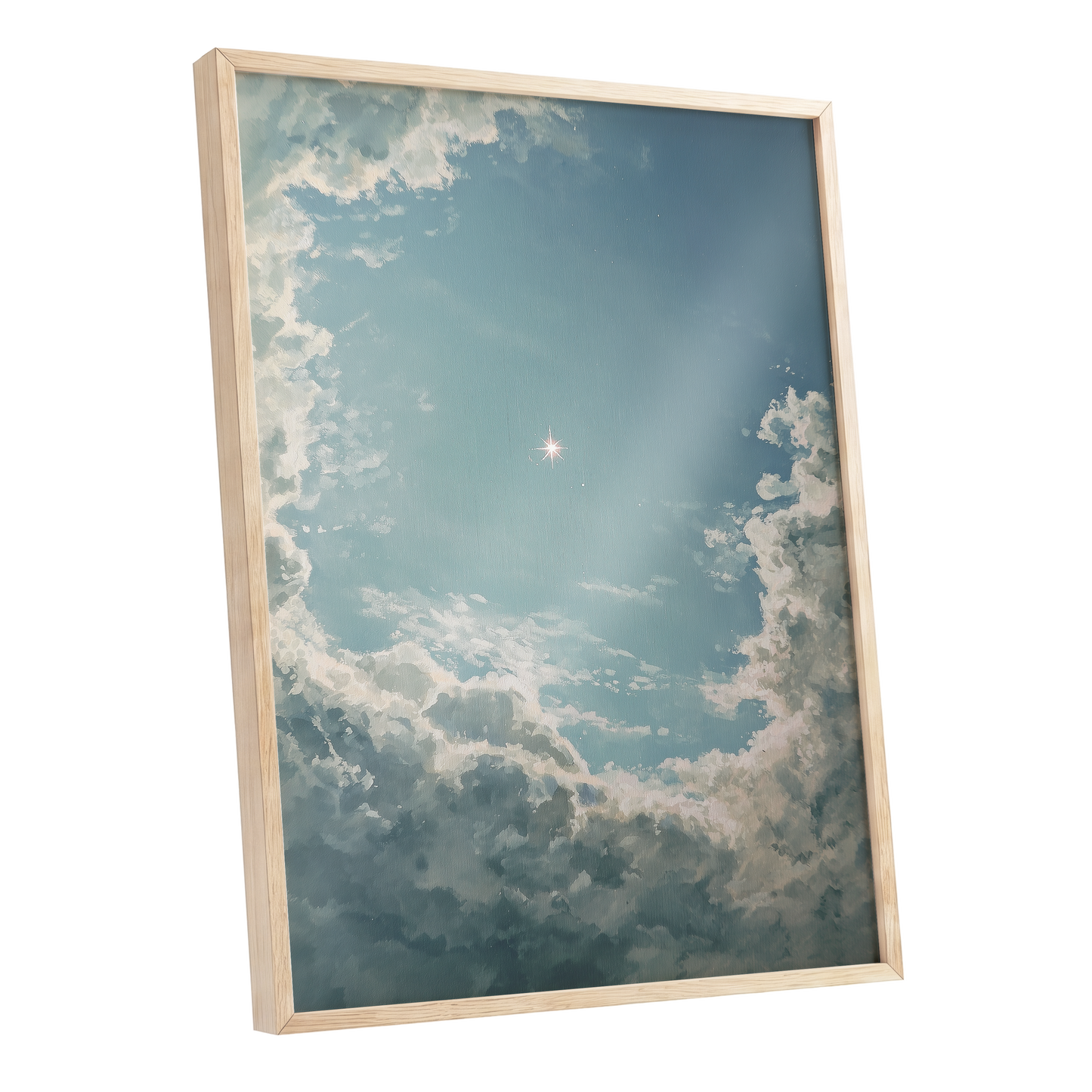 Celestial Clearing, blue, white, gray nature wall art shown as a oak framed poster wall art print