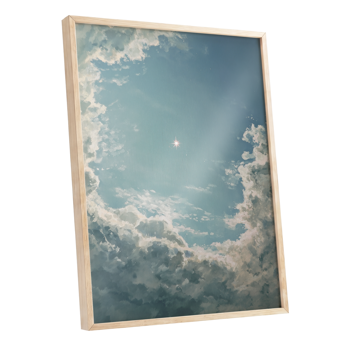 Celestial Clearing, blue, white, gray nature wall art shown as a oak framed poster wall art print
