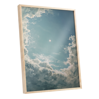 Celestial Clearing, blue, white, gray nature wall art shown as a oak framed poster wall art print