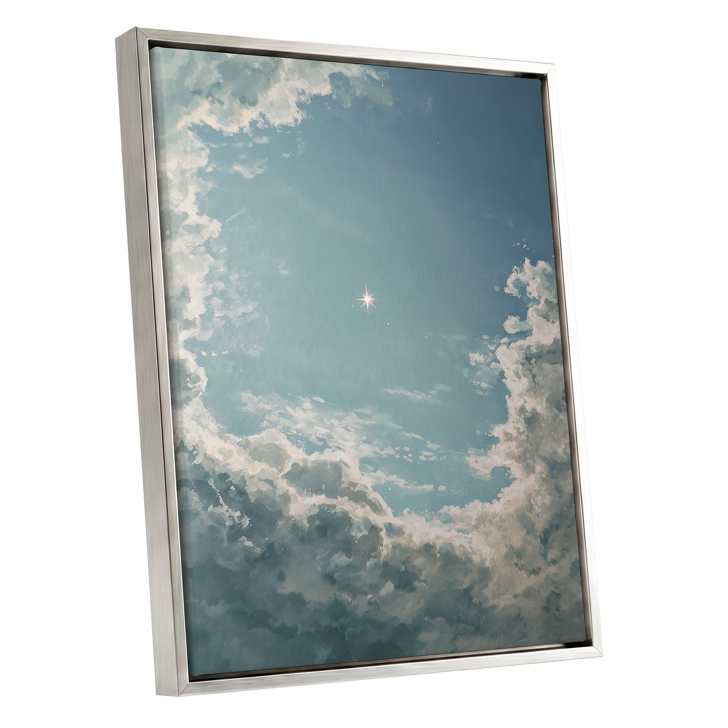 Celestial Clearing, blue, white, gray nature wall art shown as a silver framed canvas wall art