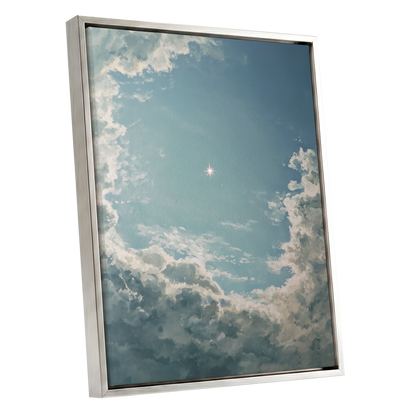 Celestial Clearing, blue, white, gray nature wall art shown as a silver framed canvas wall art