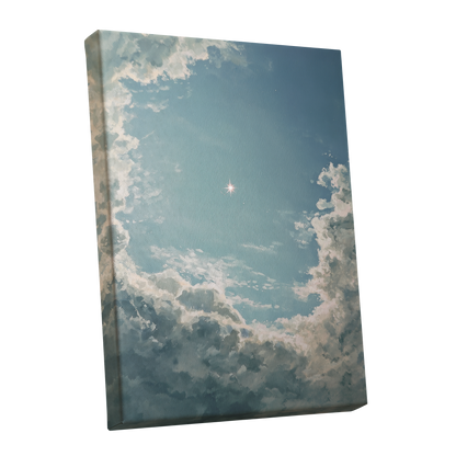 Celestial Clearing, blue, white, gray nature wall art shown as a stretched canvas wall art