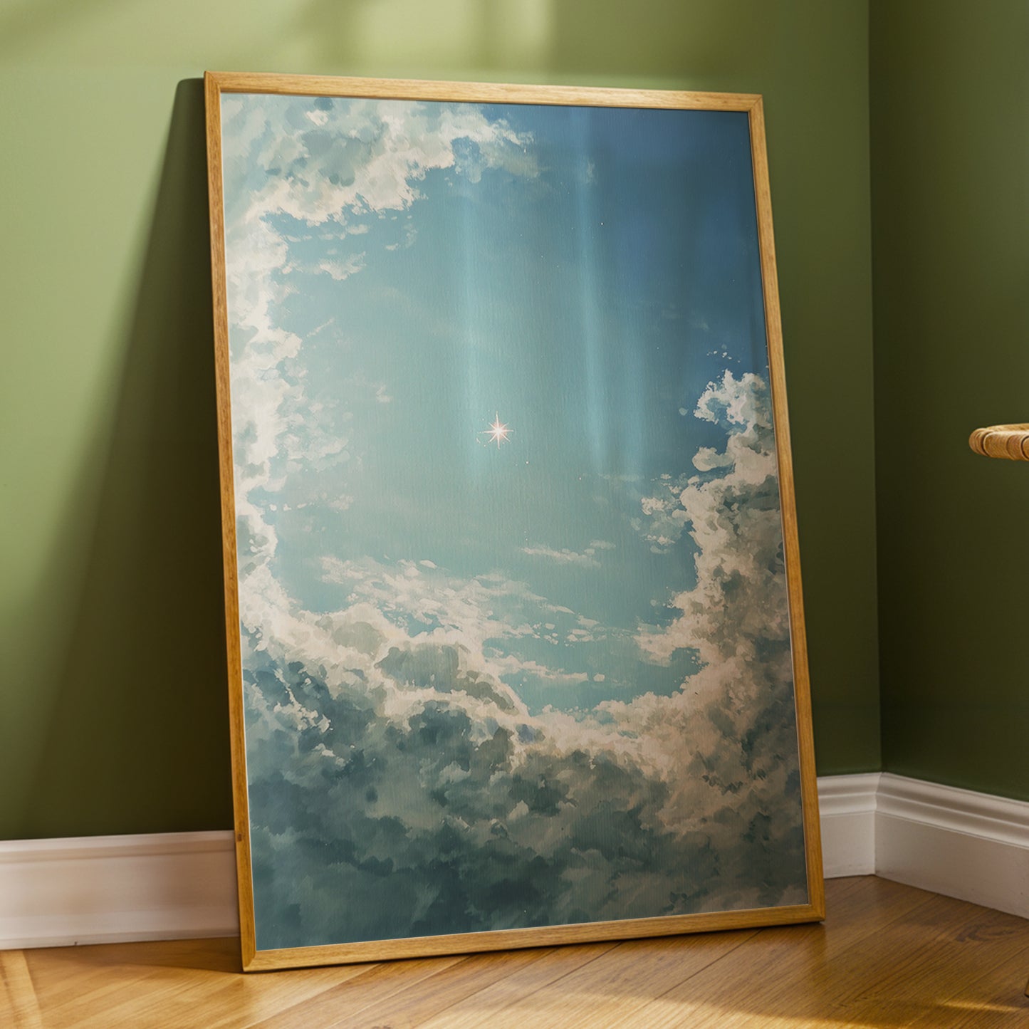 Celestial Clearing, blue, white, gray nature wall art displayed in a styled interior, gallery view 2