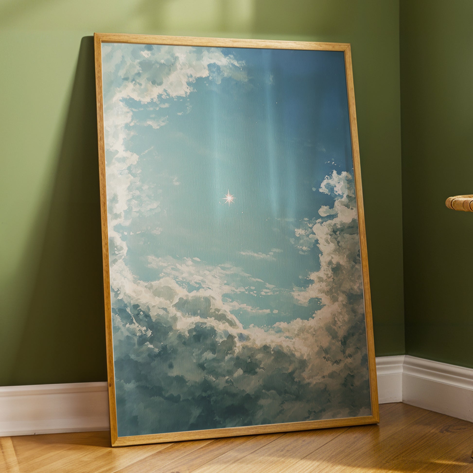 Celestial Clearing, blue, white, gray nature wall art displayed in a styled interior, gallery view 2