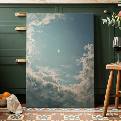 Celestial Clearing, blue, white, gray nature wall art displayed in a styled interior, gallery view 3
