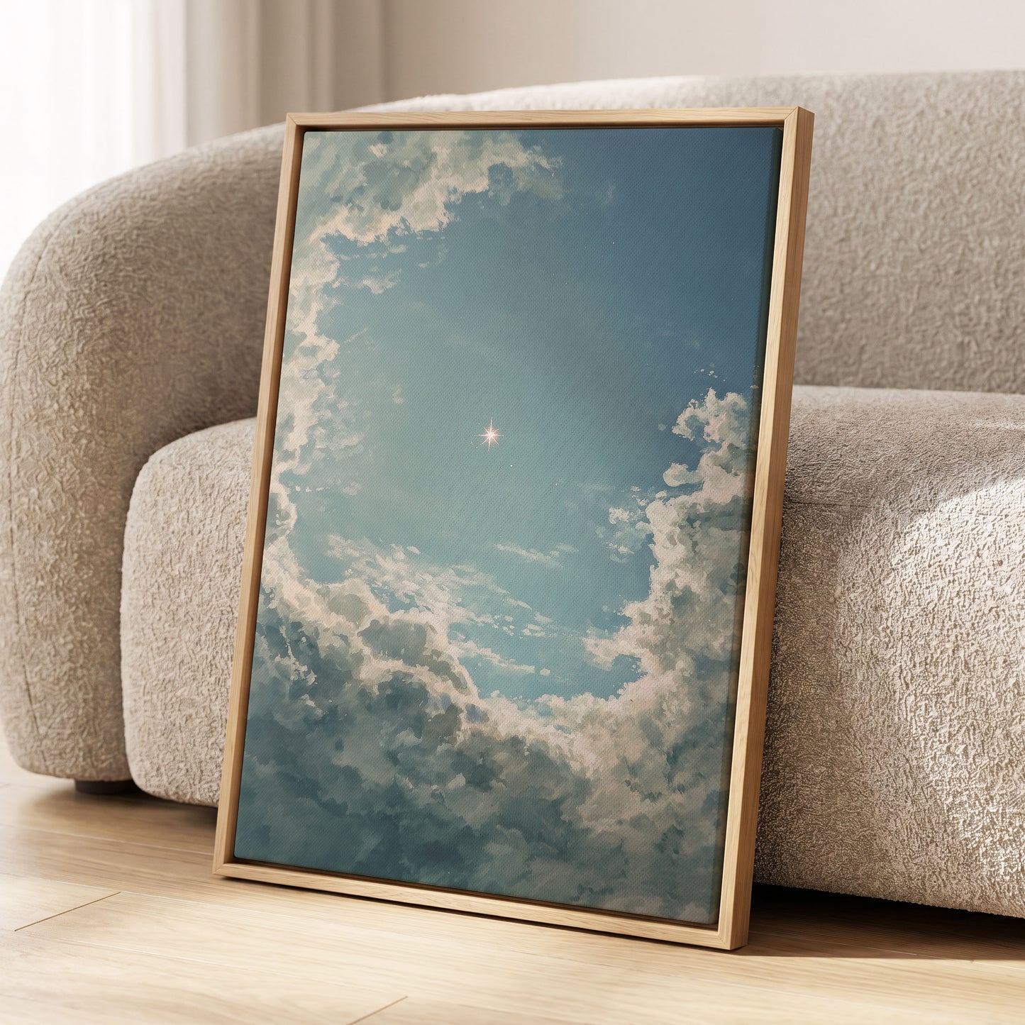 Celestial Clearing, blue, white, gray nature wall art displayed in a styled interior, gallery view 4