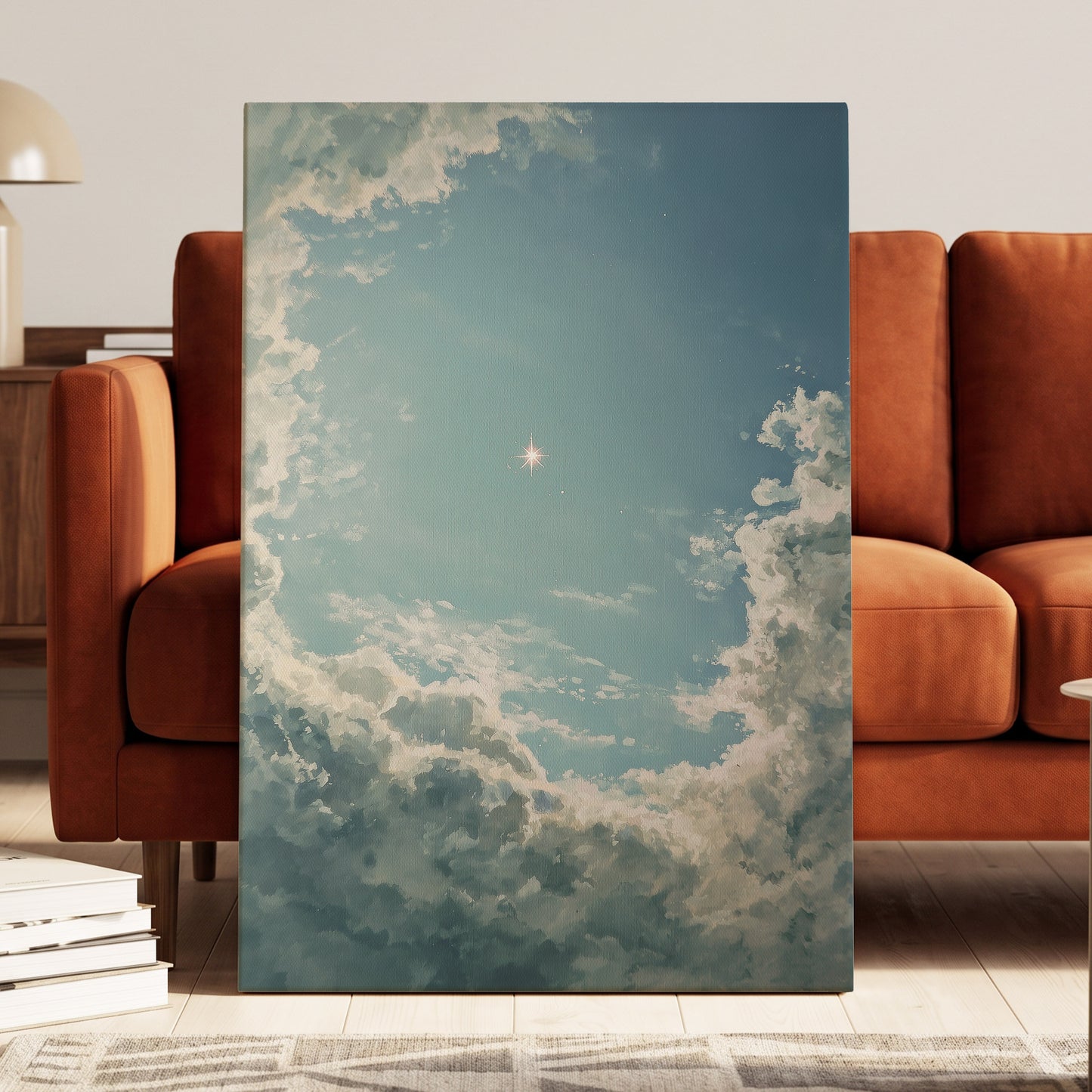 Celestial Clearing, blue, white, gray nature wall art displayed in a styled interior, gallery view 7