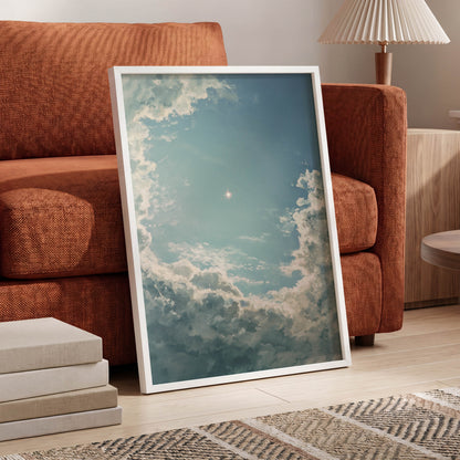 Celestial Clearing, blue, white, gray nature wall art displayed in a styled interior, gallery view 9