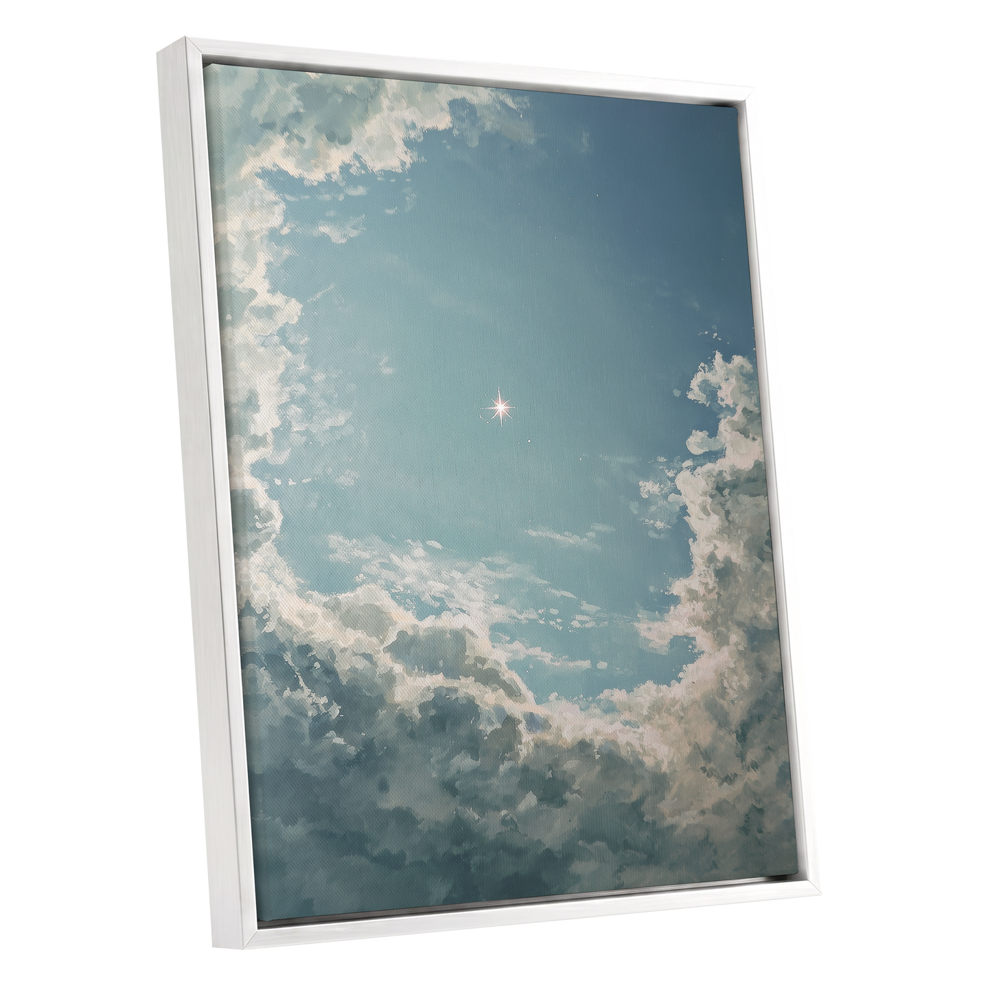Celestial Clearing, blue, white, gray nature wall art shown as a white framed canvas wall art