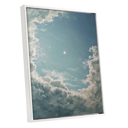 Celestial Clearing, blue, white, gray nature wall art shown as a white framed canvas wall art