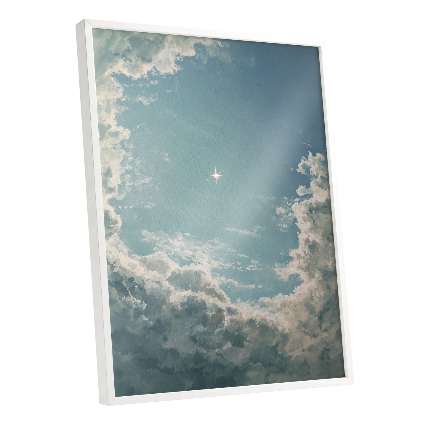 Celestial Clearing, blue, white, gray nature wall art shown as a white framed poster wall art print