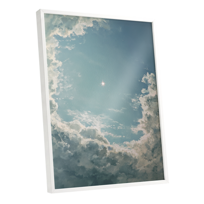 Celestial Clearing, blue, white, gray nature wall art shown as a white framed poster wall art print
