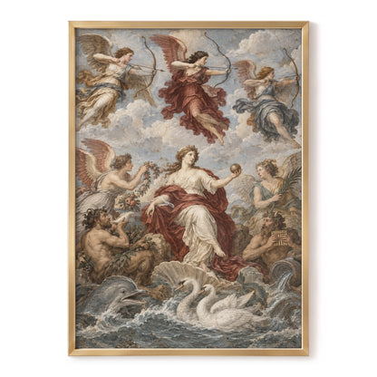 Celestial Court, blue, beige, red abstract wall art, front artwork view