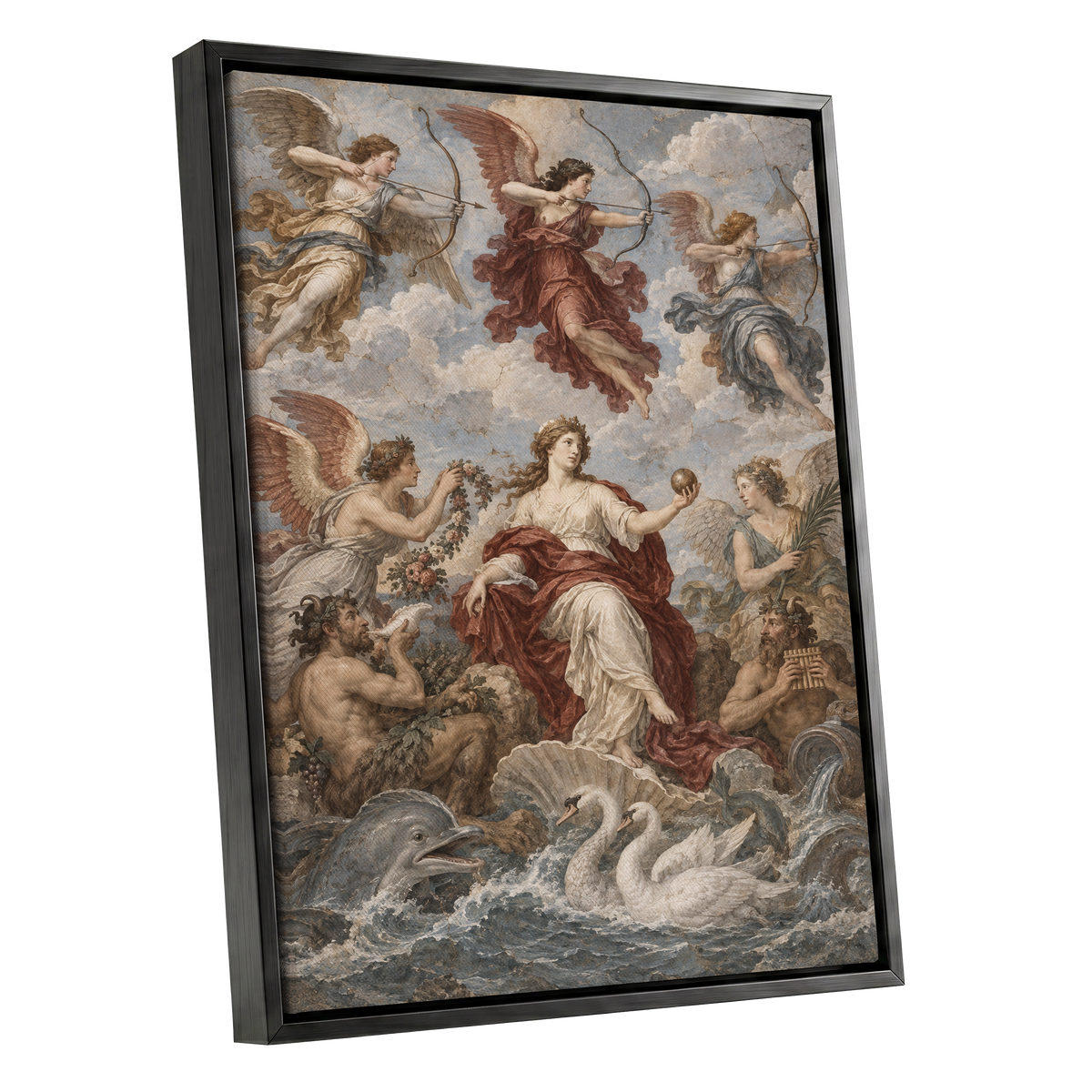 Celestial Court, blue, beige, red abstract wall art shown as a black framed canvas wall art