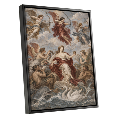 Celestial Court, blue, beige, red abstract wall art shown as a black framed canvas wall art