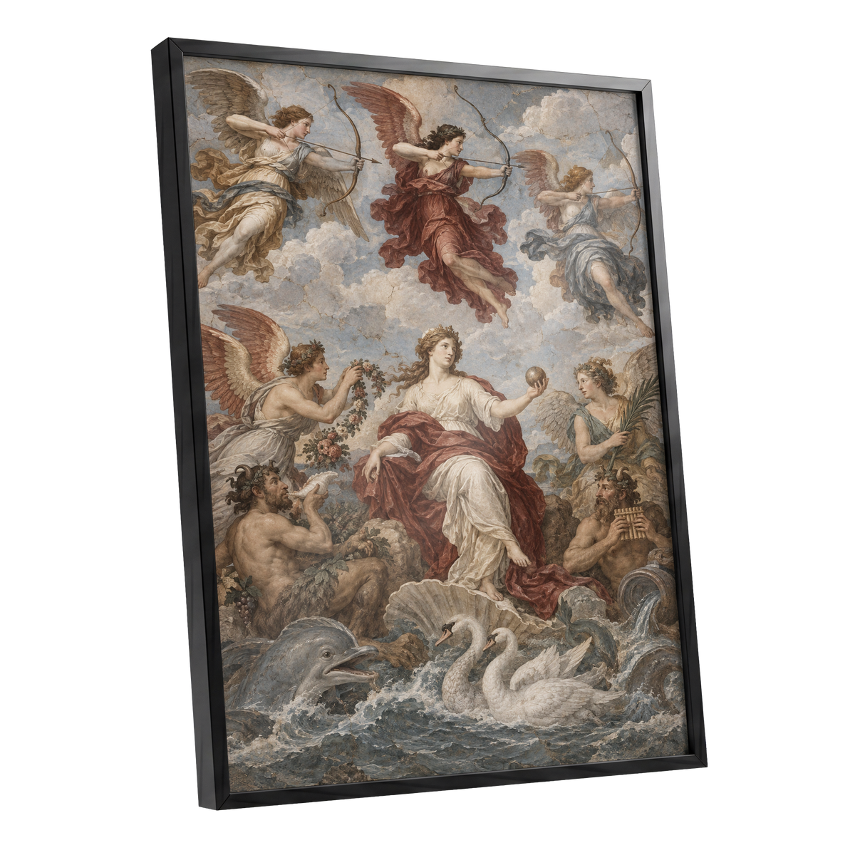 Celestial Court, blue, beige, red abstract wall art shown as a black framed poster wall art print