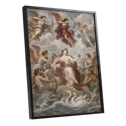 Celestial Court, blue, beige, red abstract wall art shown as a black framed poster wall art print
