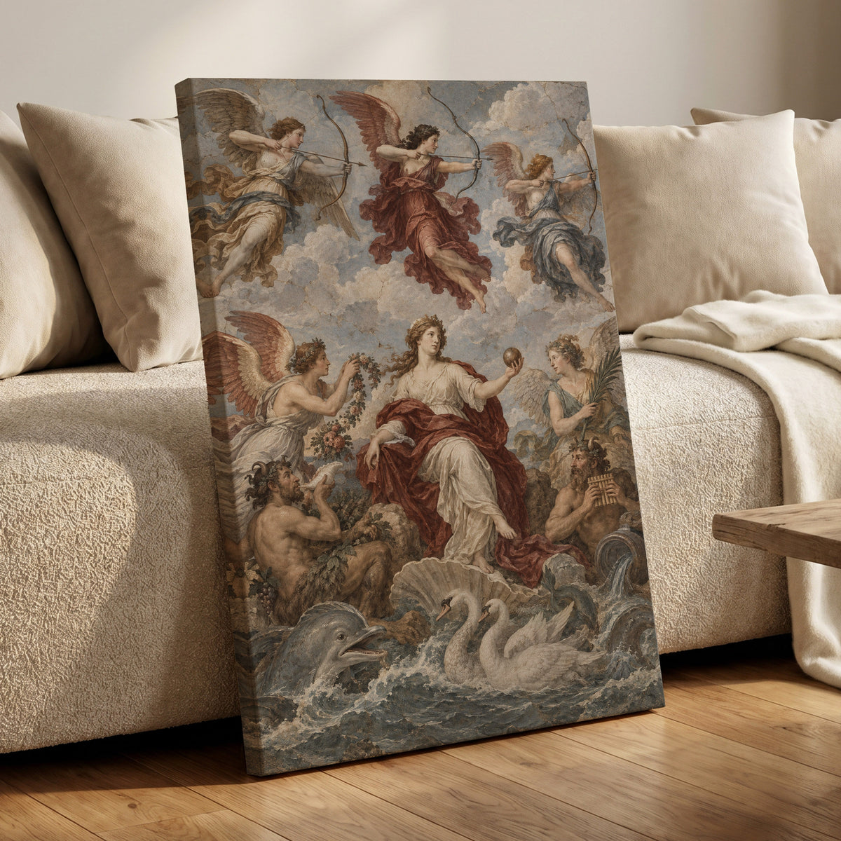 Celestial Court, blue, beige, red abstract wall art on canvas displayed in a styled interior, gallery view 1