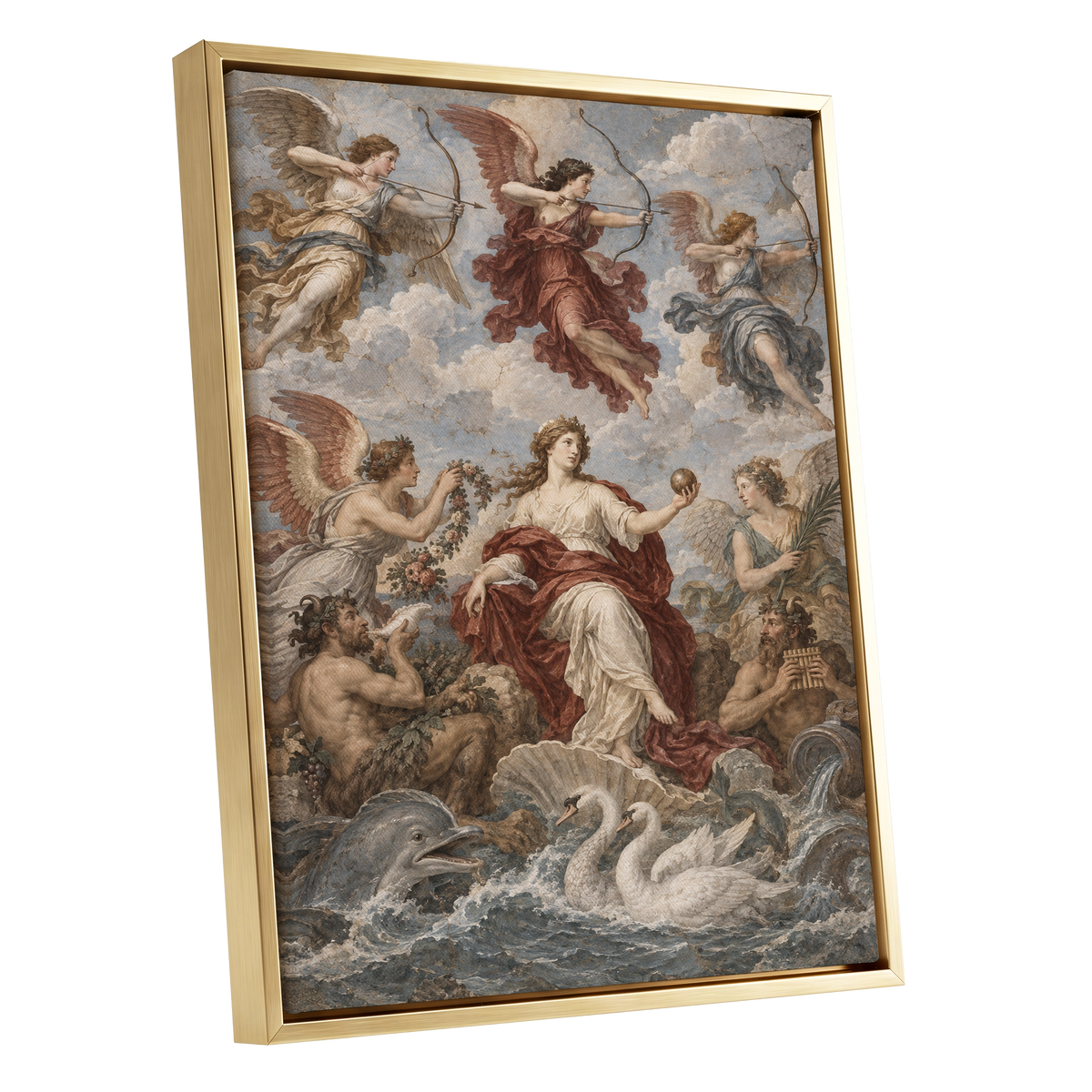 Celestial Court, blue, beige, red abstract wall art shown as a gold framed canvas wall art
