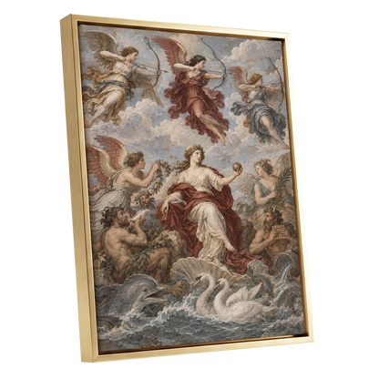 Celestial Court, blue, beige, red abstract wall art shown as a gold framed canvas wall art
