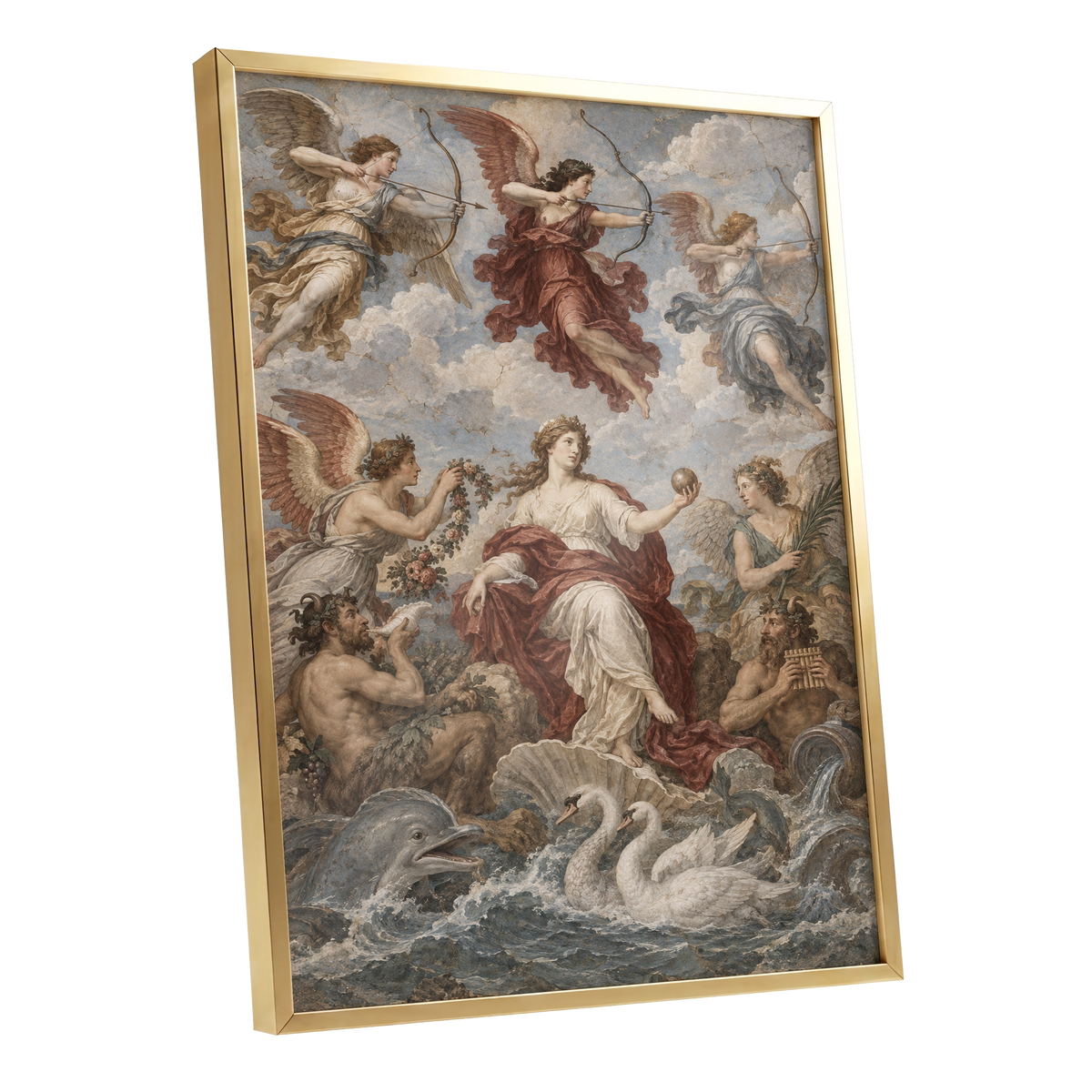 Celestial Court, blue, beige, red abstract wall art shown as a gold framed poster wall art print