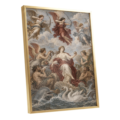 Celestial Court, blue, beige, red abstract wall art shown as a gold framed poster wall art print