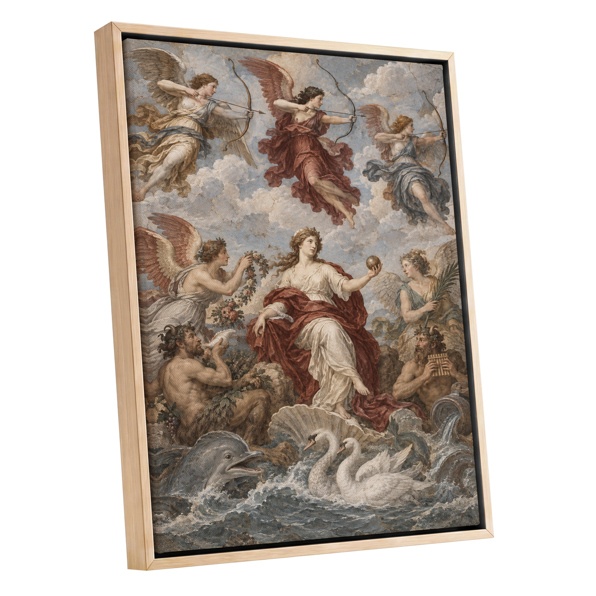 Celestial Court, blue, beige, red abstract wall art shown as a oak framed canvas wall art