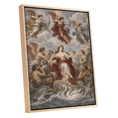 Celestial Court, blue, beige, red abstract wall art shown as a oak framed canvas wall art