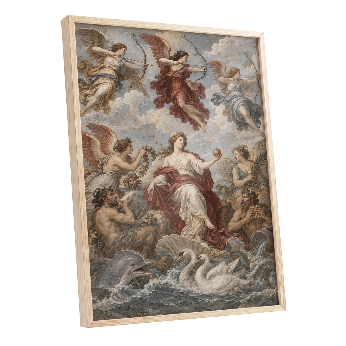 Celestial Court, blue, beige, red abstract wall art shown as a oak framed poster wall art print