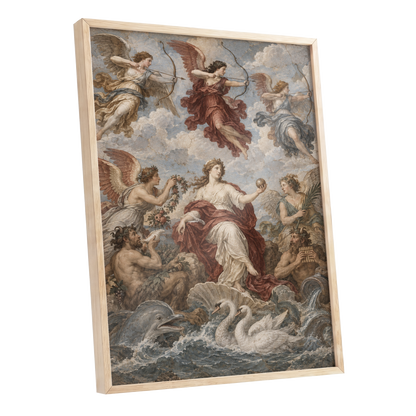 Celestial Court, blue, beige, red abstract wall art shown as a oak framed poster wall art print