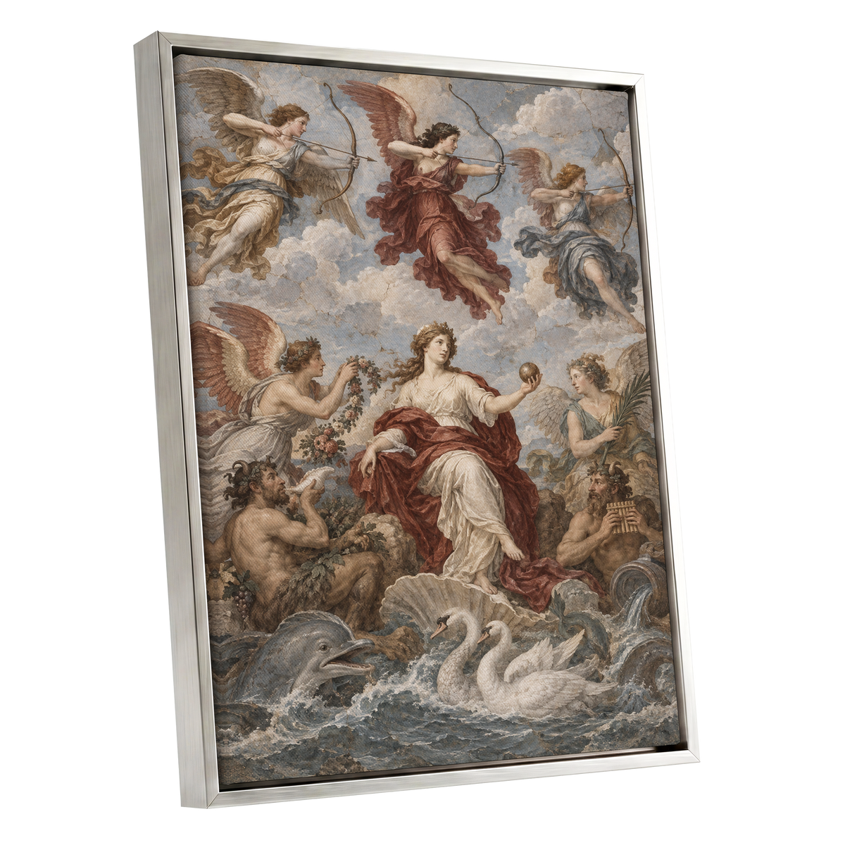 Celestial Court, blue, beige, red abstract wall art shown as a silver framed canvas wall art