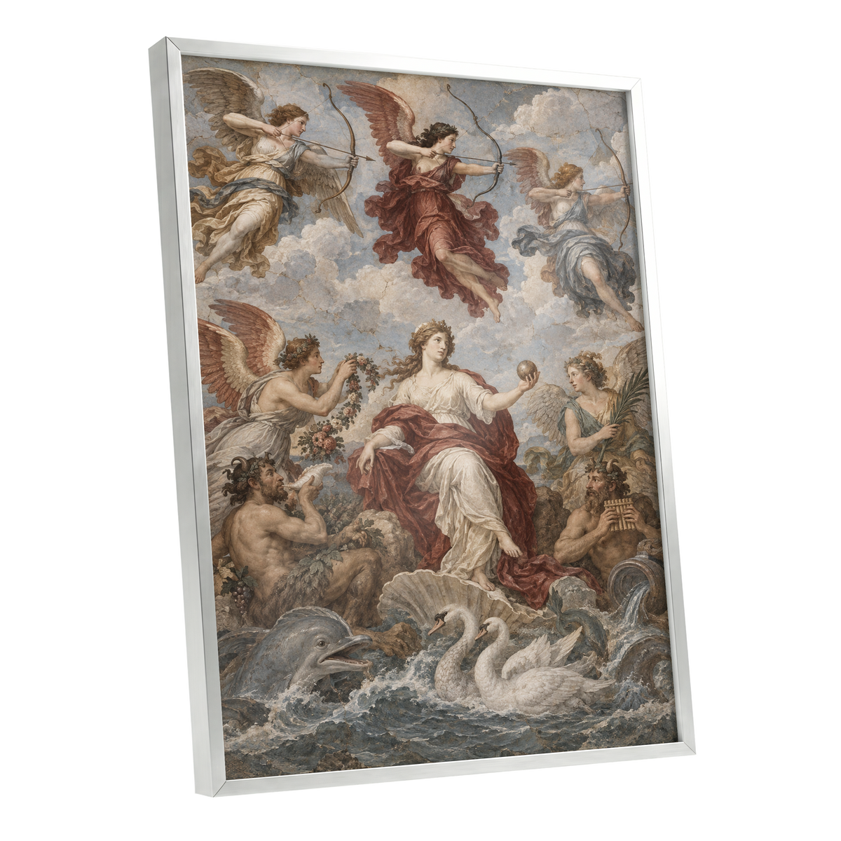 Celestial Court, blue, beige, red abstract wall art shown as a silver framed poster wall art print