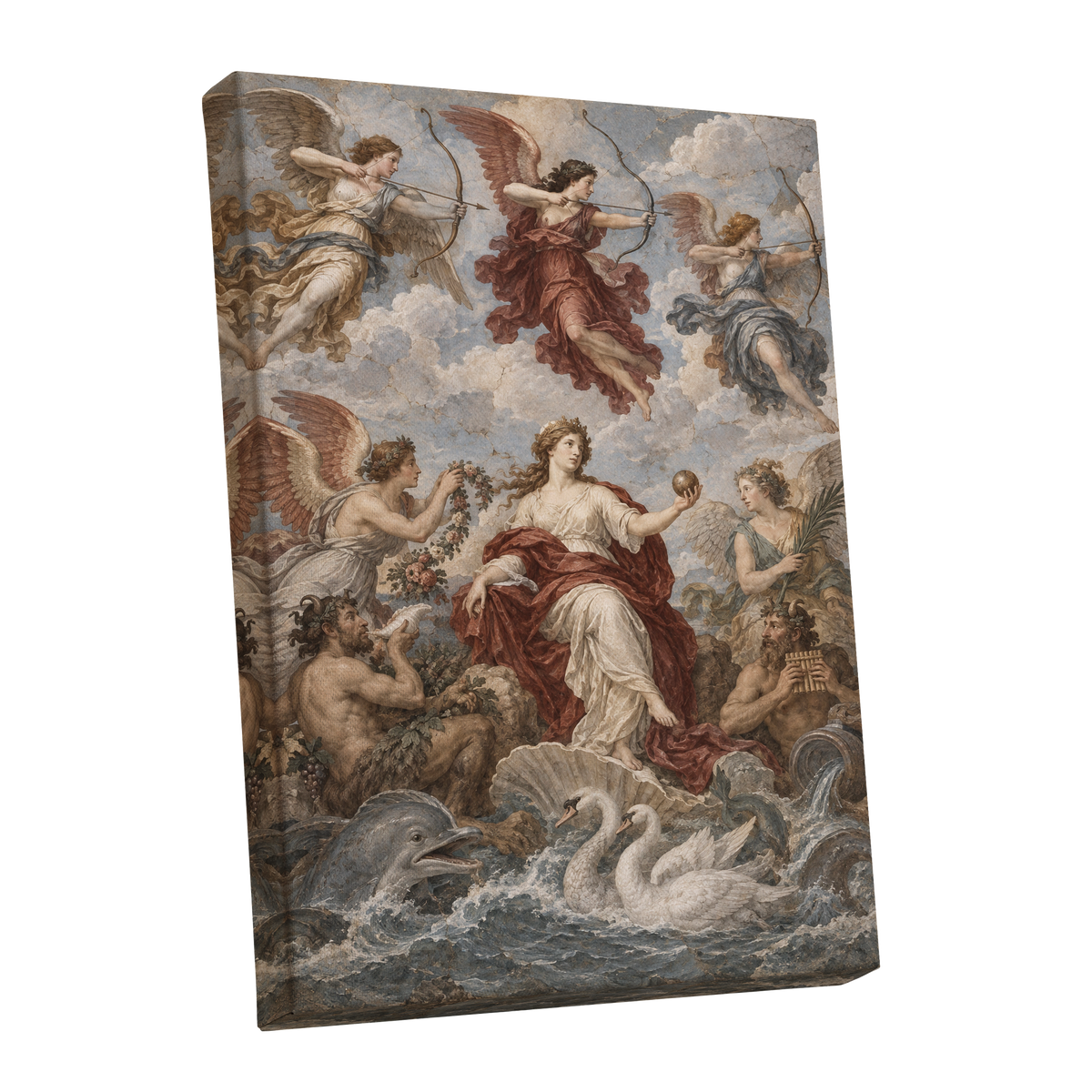 Celestial Court, blue, beige, red abstract wall art shown as a stretched canvas wall art