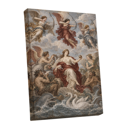 Celestial Court, blue, beige, red abstract wall art shown as a stretched canvas wall art